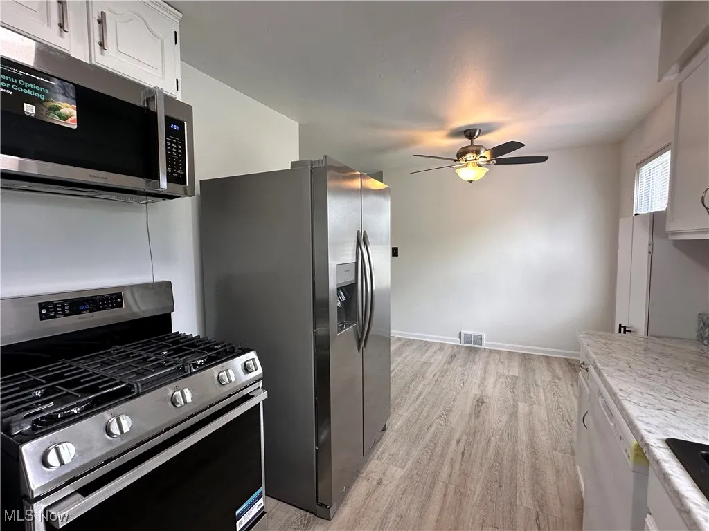 Kitchen with white cabinetry, ceiling fan, light wood-type flooring, and brand new stainless steel appliances