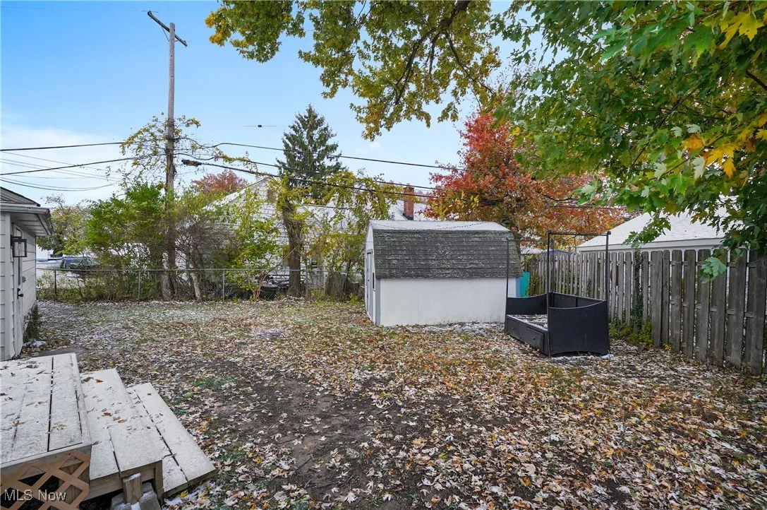 Fenced backyard featuring a storage shed