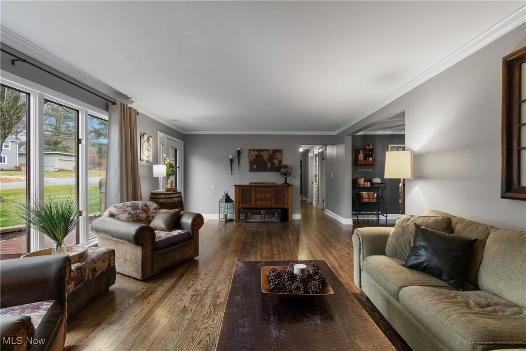 Living room with ornamental molding and hardwood / wood-style flooring