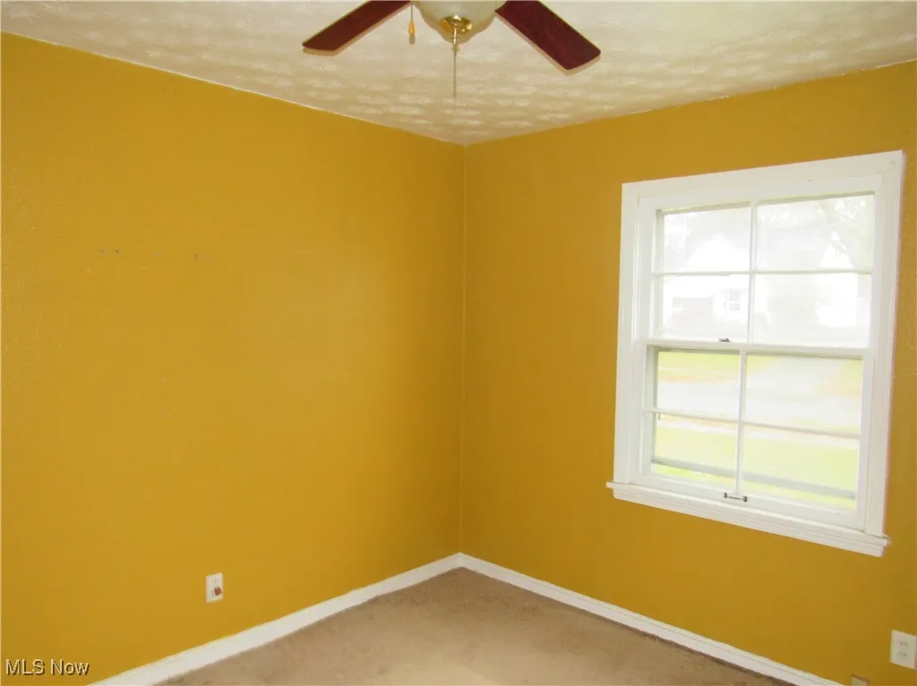 Spare room with light carpet and a ceiling fan