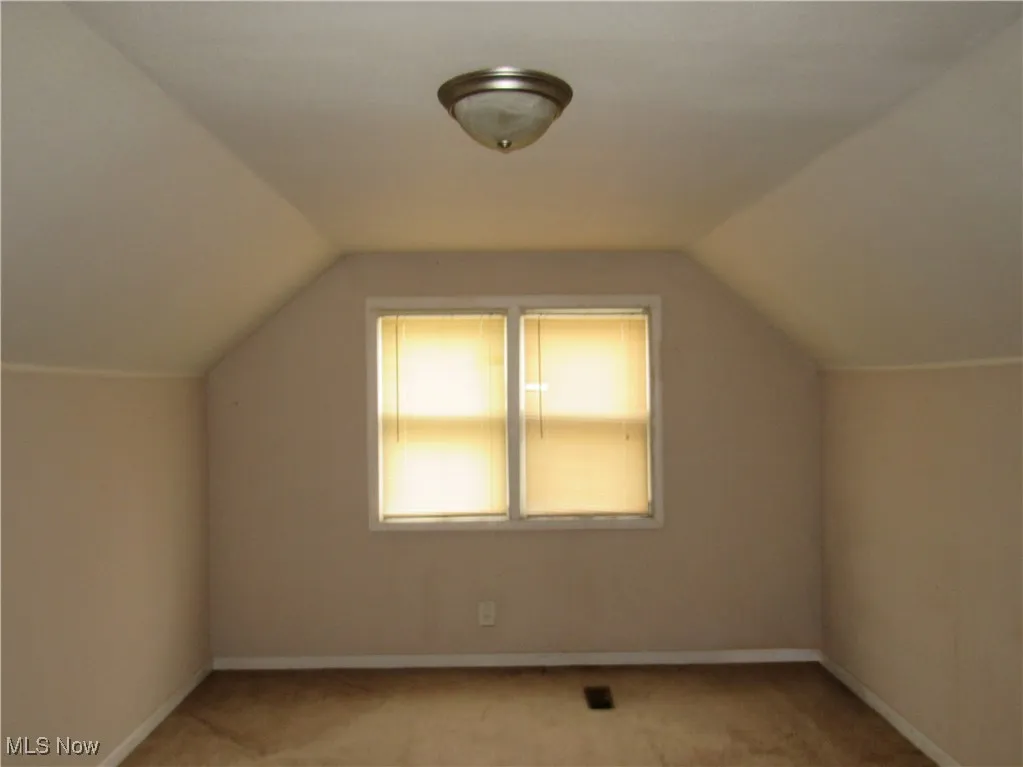 Additional living space with lofted ceiling and light carpet