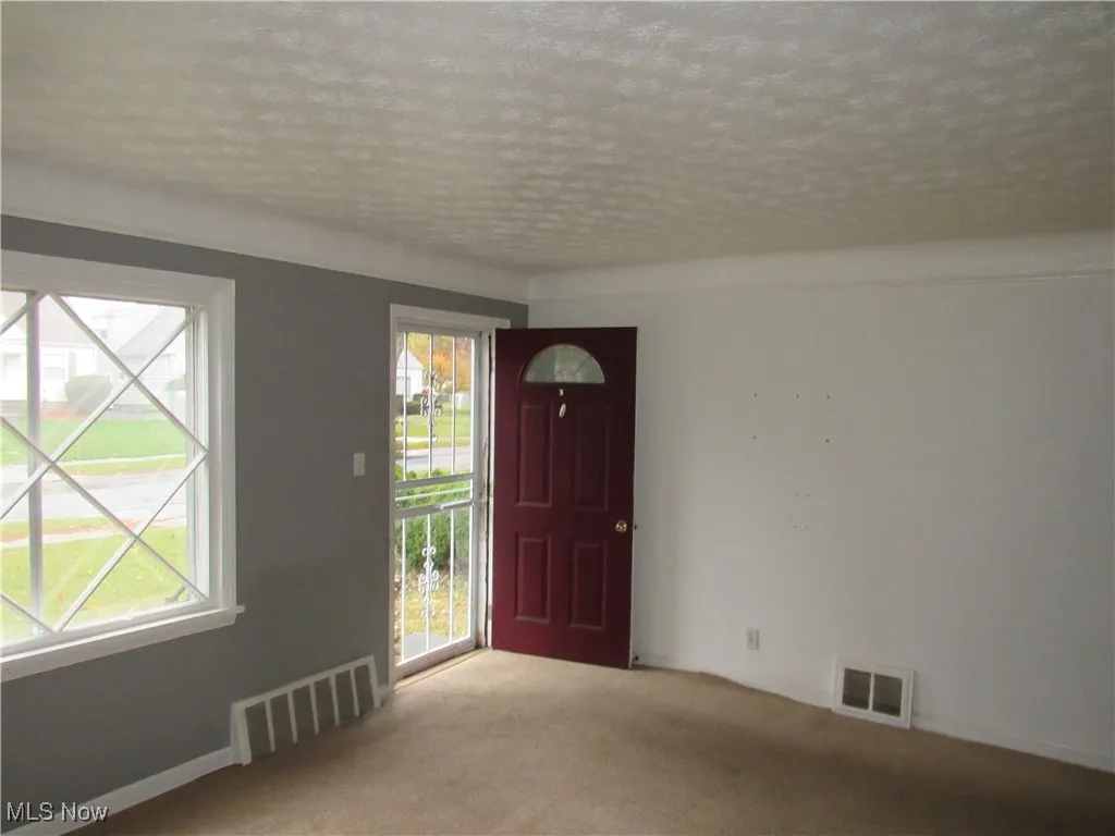 Foyer entrance featuring carpet and a textured ceiling