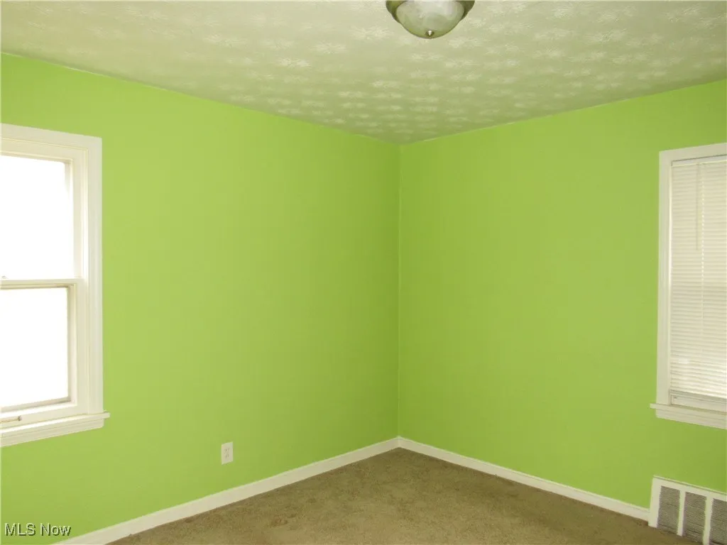 Carpeted empty room featuring a textured ceiling and plenty of natural light