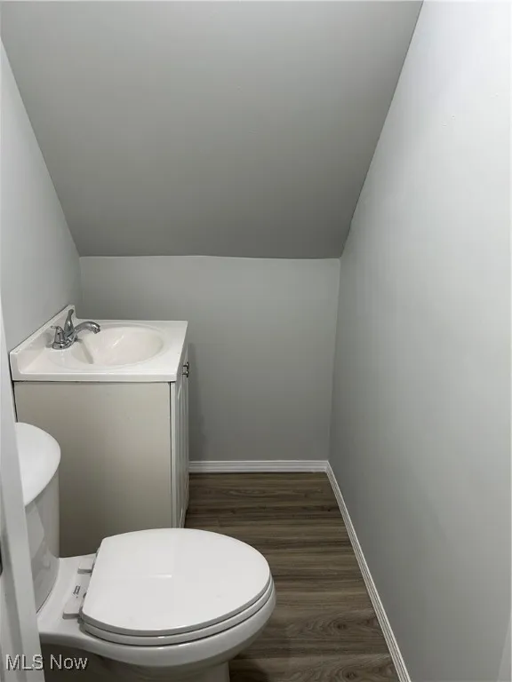 Half bathroom with vanity, dark wood finished floors, and lofted ceiling