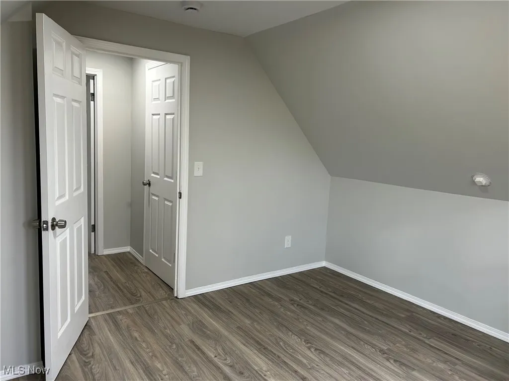 Additional living space featuring dark wood-style flooring and lofted ceiling