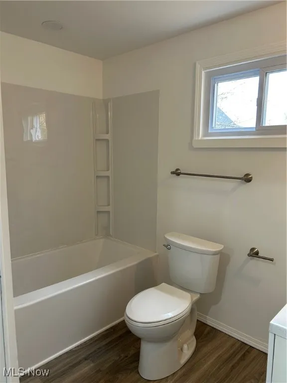 Full bathroom featuring dark wood-style flooring and vanity