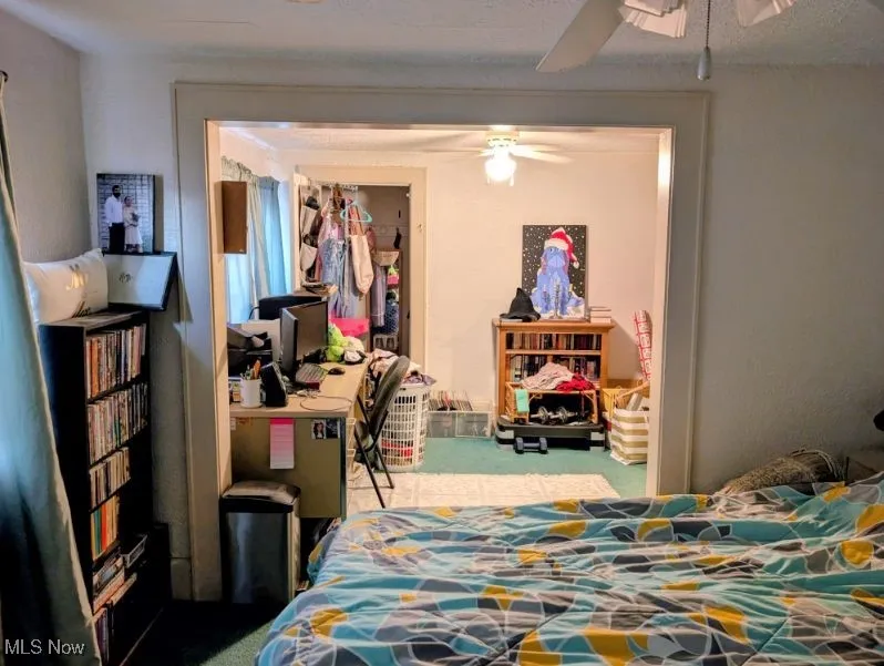 Bedroom with a closet, carpet, and ceiling fan