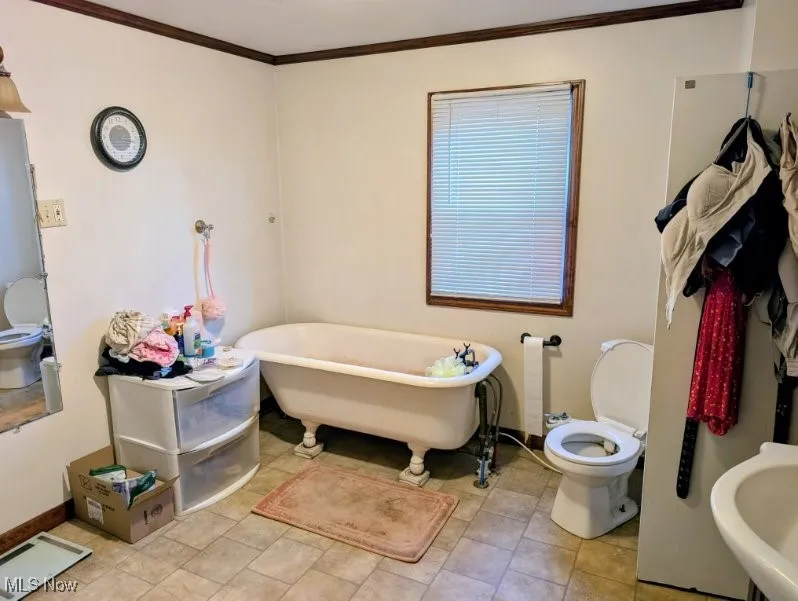 Full bath with a freestanding tub and ornamental molding