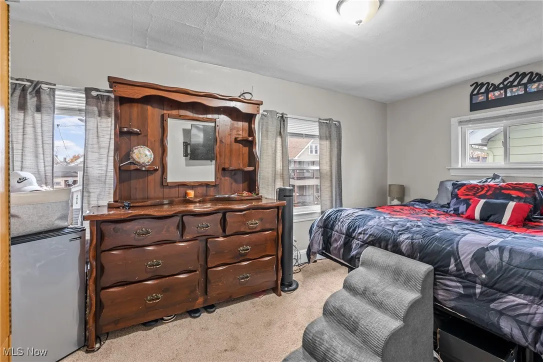 Bedroom with light colored carpet, fridge, and multiple windows
