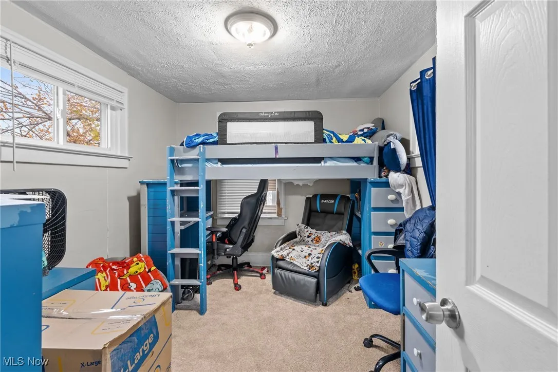 Bedroom with light colored carpet, a textured ceiling, and a desk