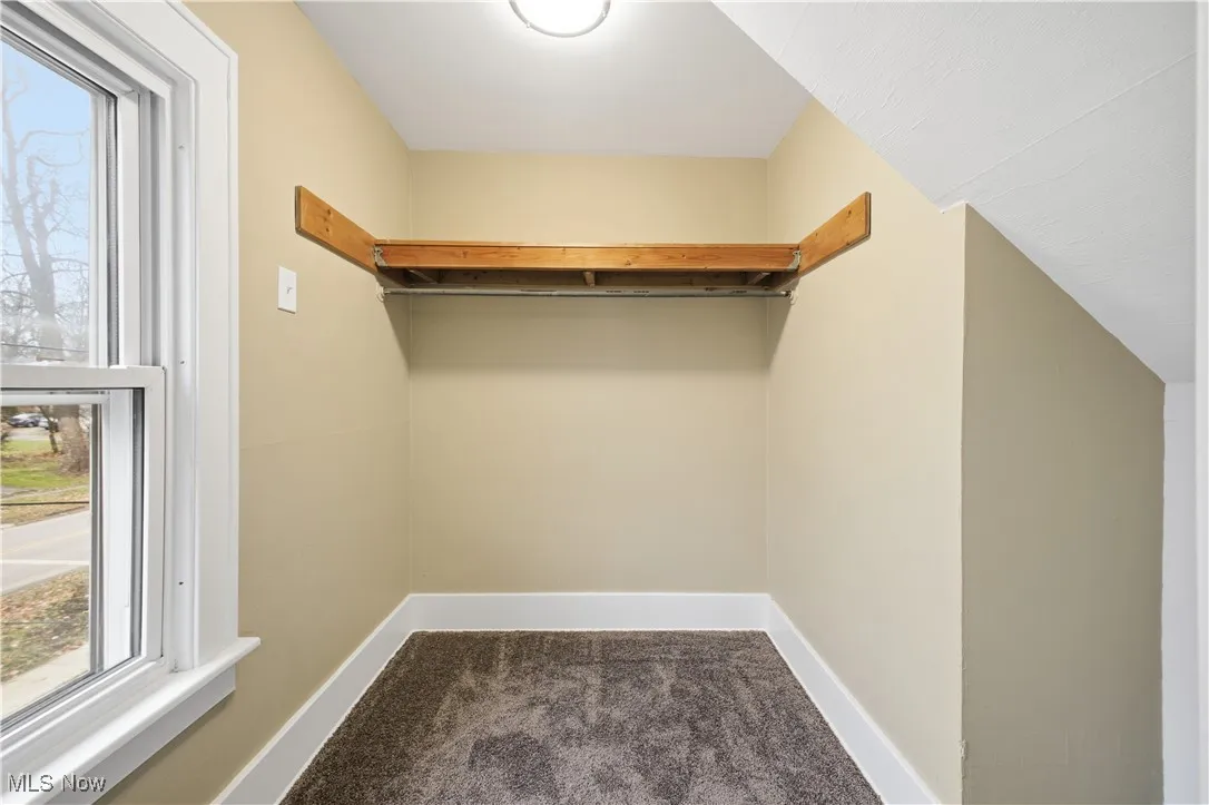Walk in closet featuring dark carpet