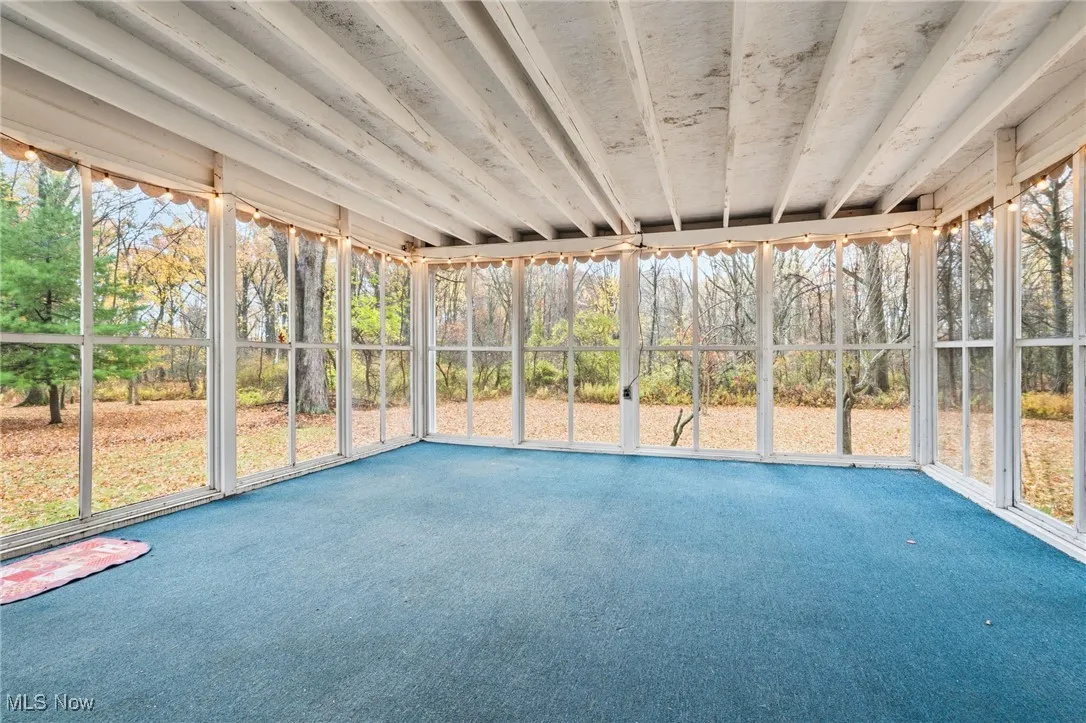 Unfurnished sunroom with view of scattered trees