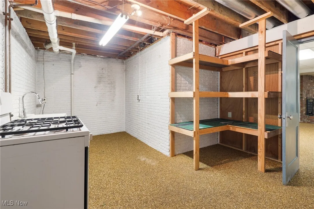 View of unfinished below grade workshop with ample storage shelving