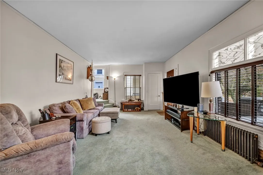 Living room featuring radiator and light colored carpet
