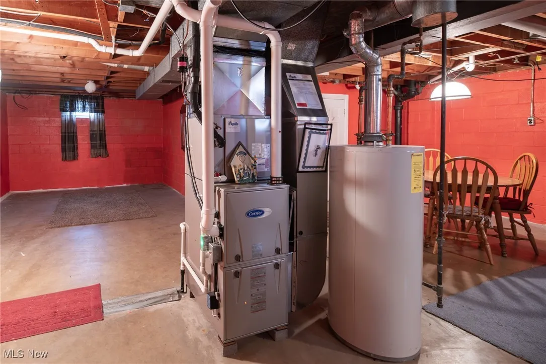 Utility room featuring water heater and heating unit