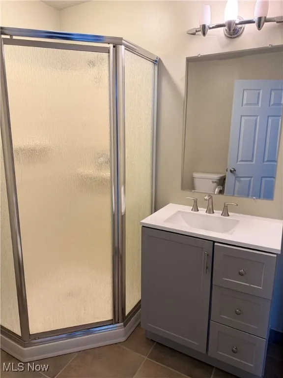 Full bath with dark tile patterned floors, a shower stall, and vanity