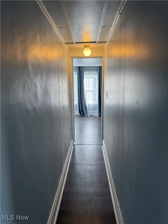 Hall with dark wood-style floors and crown molding