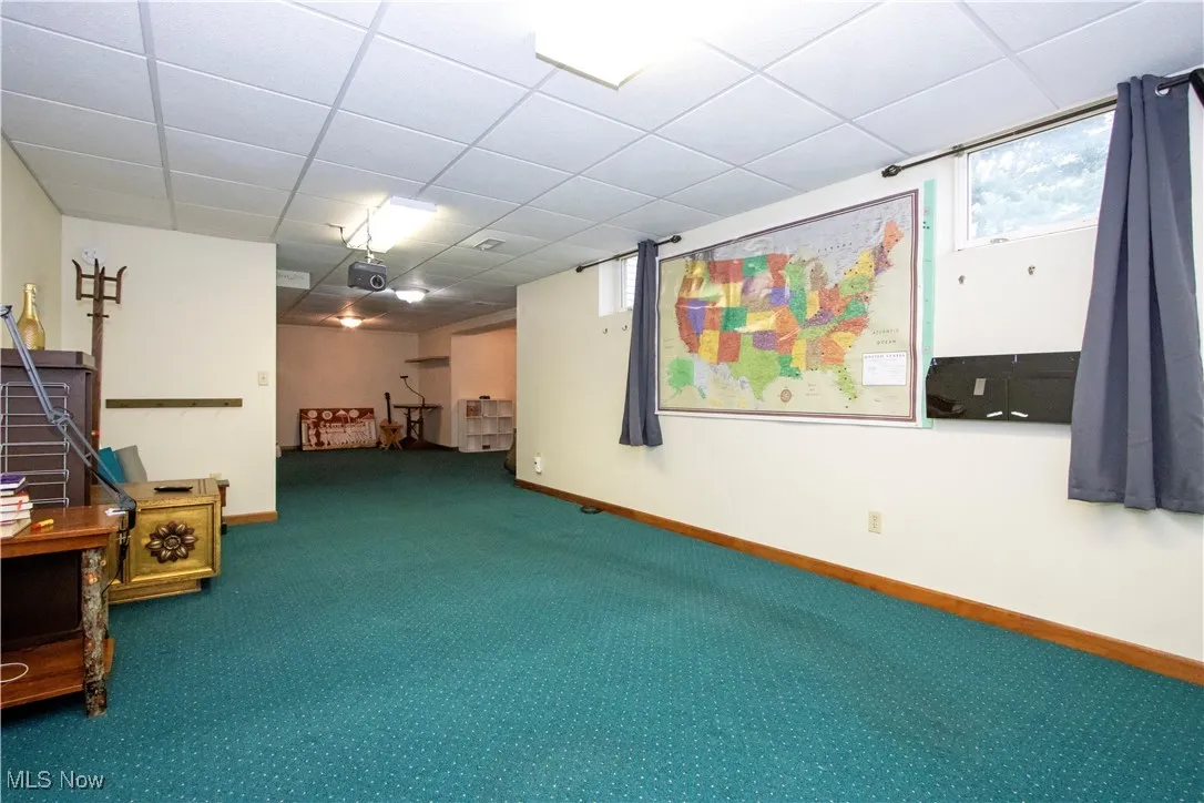 Basement featuring carpet floors and a paneled ceiling