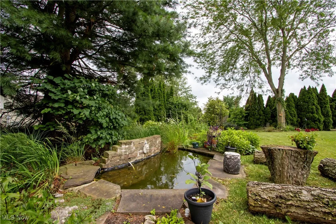 View of green lawn with a garden pond