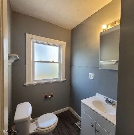 Bathroom featuring vanity and dark wood-style floors