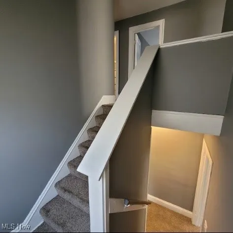 Stairs featuring baseboards and carpet flooring
