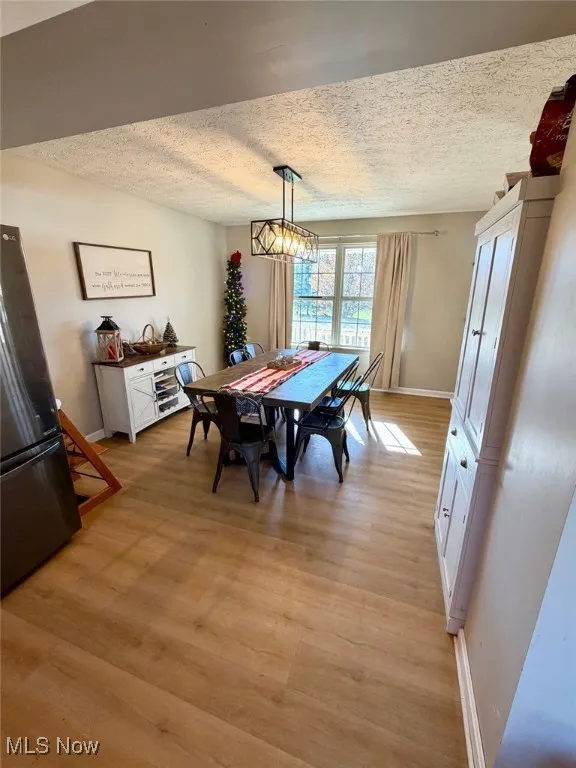 Dining space with a textured ceiling and light wood-type flooring