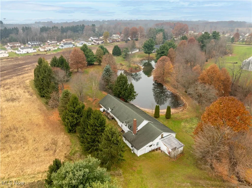 Overhead view of the huge outbuilding and pond.
