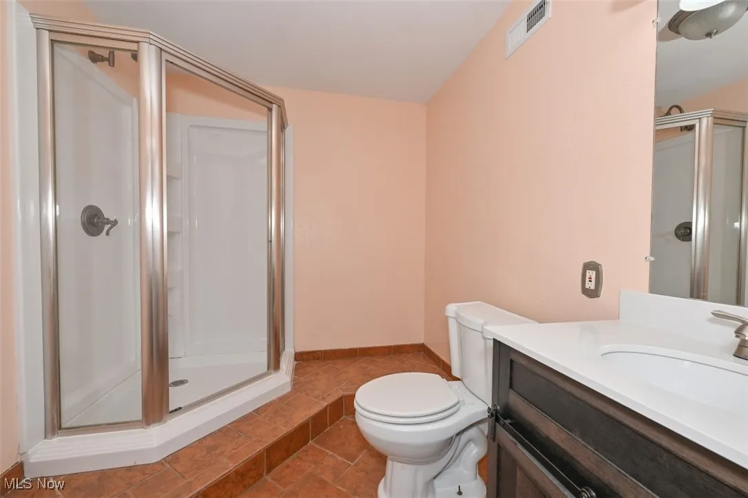 Full lower level bathroom with a shower stall and vanity