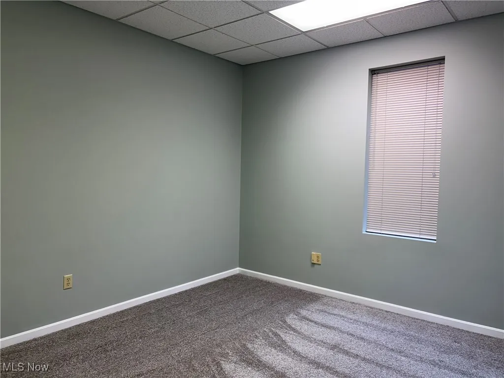 Carpeted spare room with baseboards and a paneled ceiling