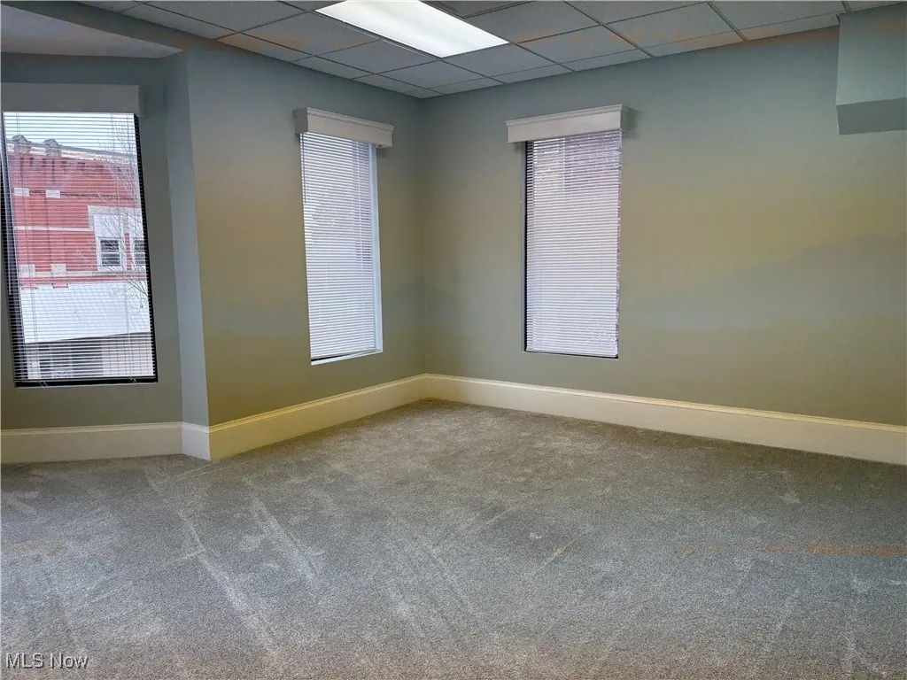Carpeted empty room with a drop ceiling and plenty of natural light