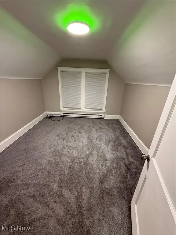 Bonus room featuring carpet floors, vaulted ceiling, and a baseboard heating unit