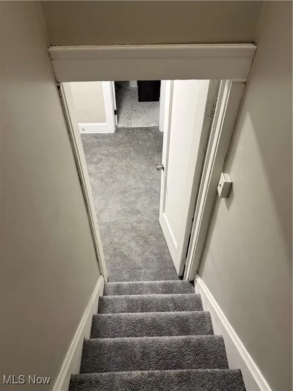 Stairway featuring carpet and baseboards