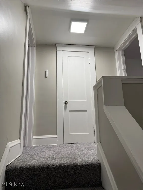 Stairway featuring carpet flooring