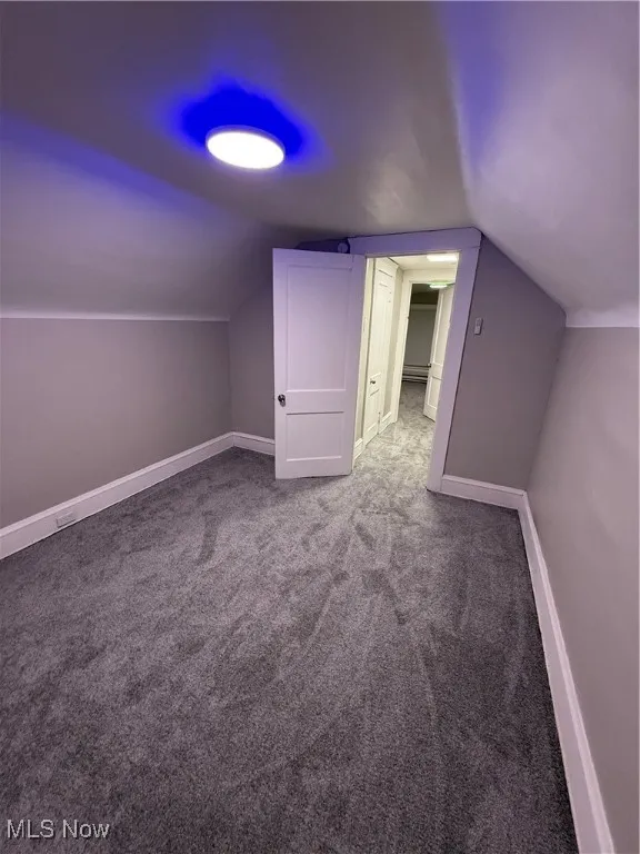 Additional living space featuring lofted ceiling and dark colored carpet