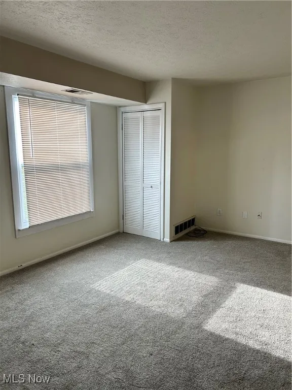 Unfurnished bedroom featuring a textured ceiling, carpet flooring, and a closet