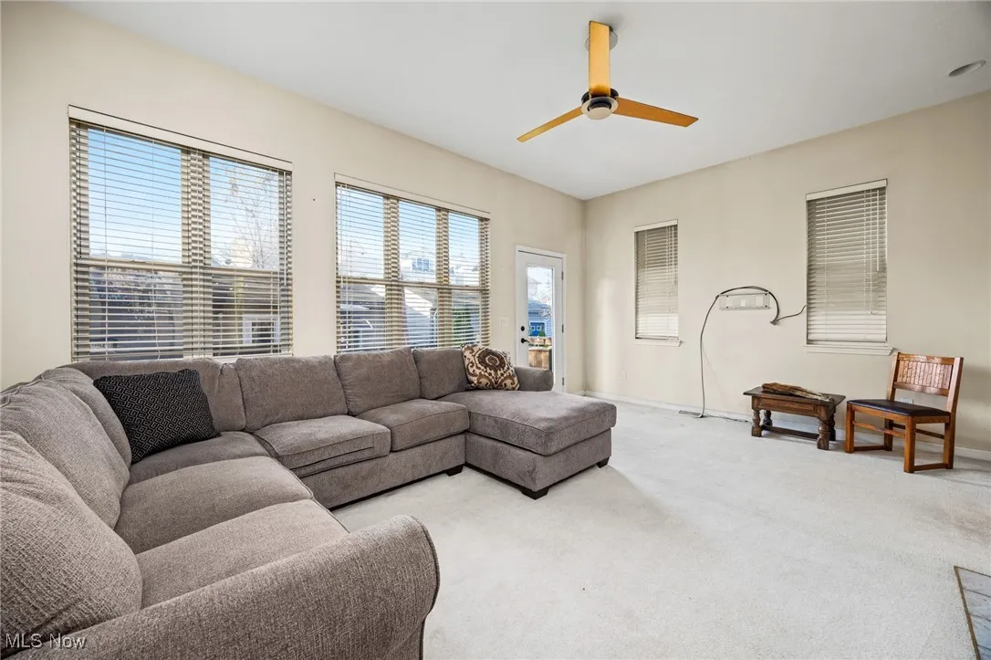 Living room featuring carpet floors and a ceiling fan