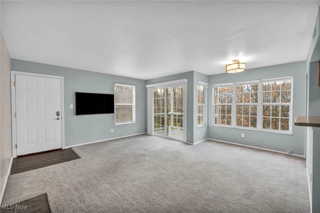 Unfurnished living room featuring carpet and baseboards
