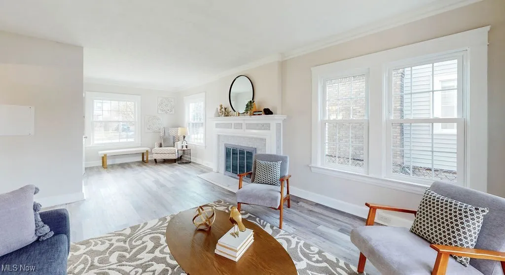 Living room featuring ornamental molding, wood-look floors, and a fireplace