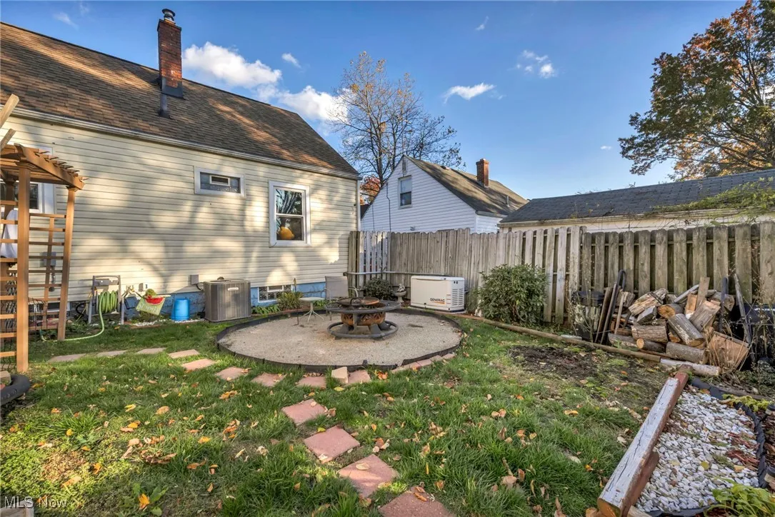 Fenced backyard with a patio and an outdoor fire pit