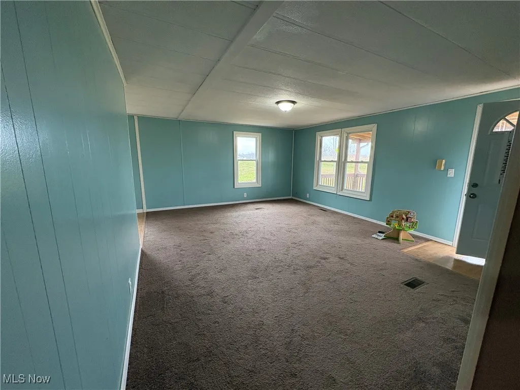 Spare room with carpet and wood walls
