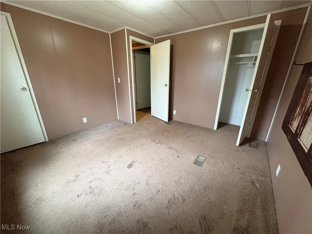 Unfurnished bedroom with carpet, ornamental molding, and a closet
