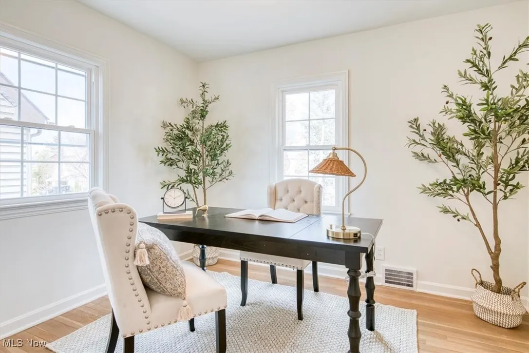 Office with light wood-type flooring and baseboards