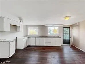 Kitchen featuring white cabinets, healthy amount of natural light, dark wood finished floors, and light countertops
