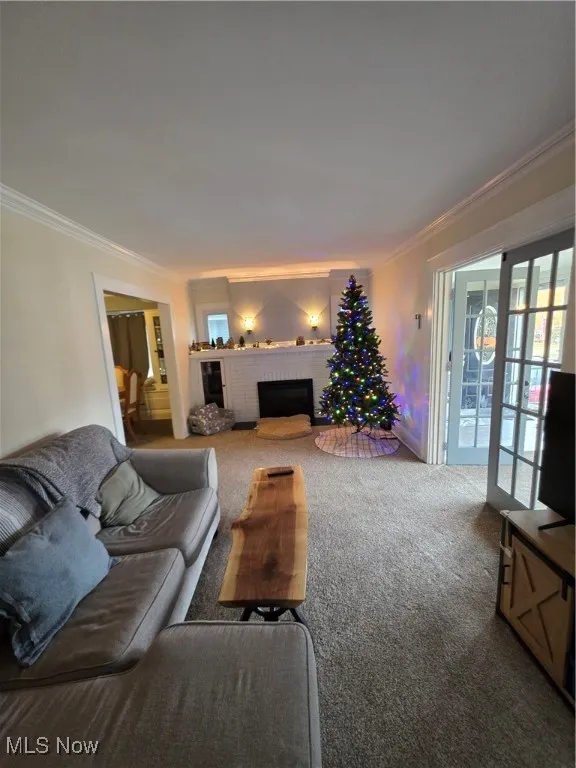 Living area featuring crown molding, carpet floors, a fireplace, and plenty of natural light