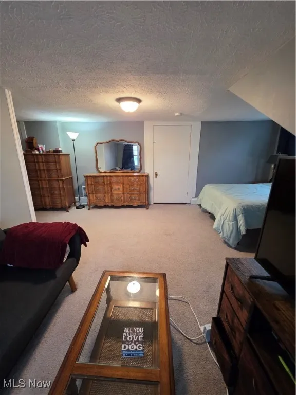 Bedroom with a textured ceiling and carpet flooring