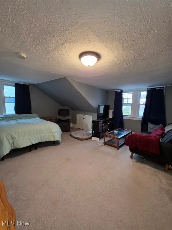 Bedroom with vaulted ceiling, light carpet, and a textured ceiling