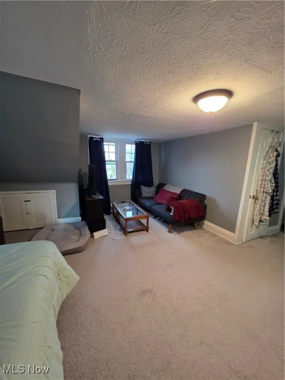 Bedroom featuring carpet and a textured ceiling
