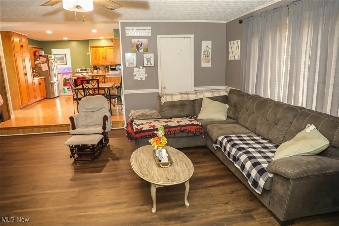 Living room with light wood finished floors, a ceiling fan, and ornamental molding