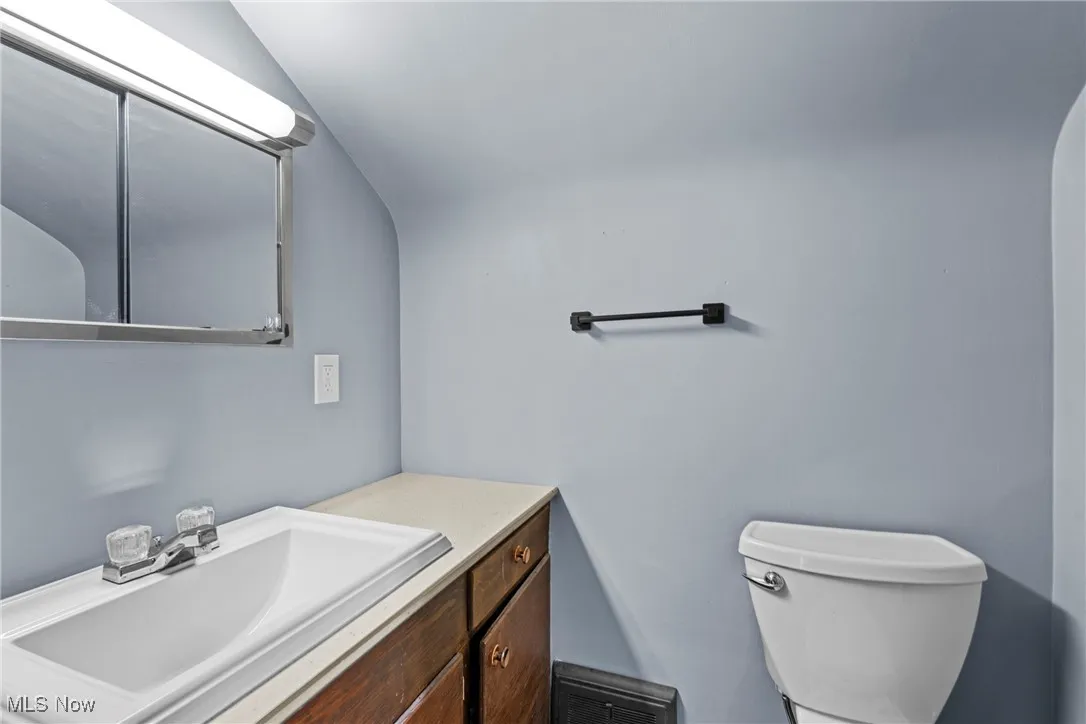 Half en-suite bathroom with lofted ceiling and vanity