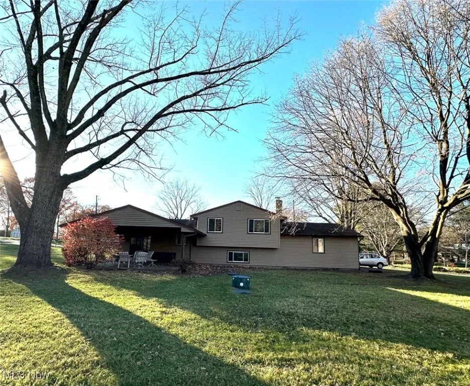 Rear view of house featuring a yard, a patio, and a chimney
